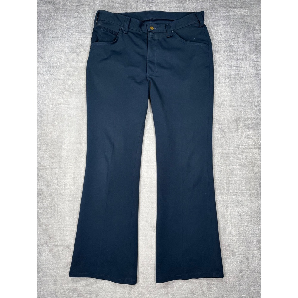 Lee Pants Mens 34x30 Navy Blue Flare Leg Work Trousers Knit 70s Style Disco